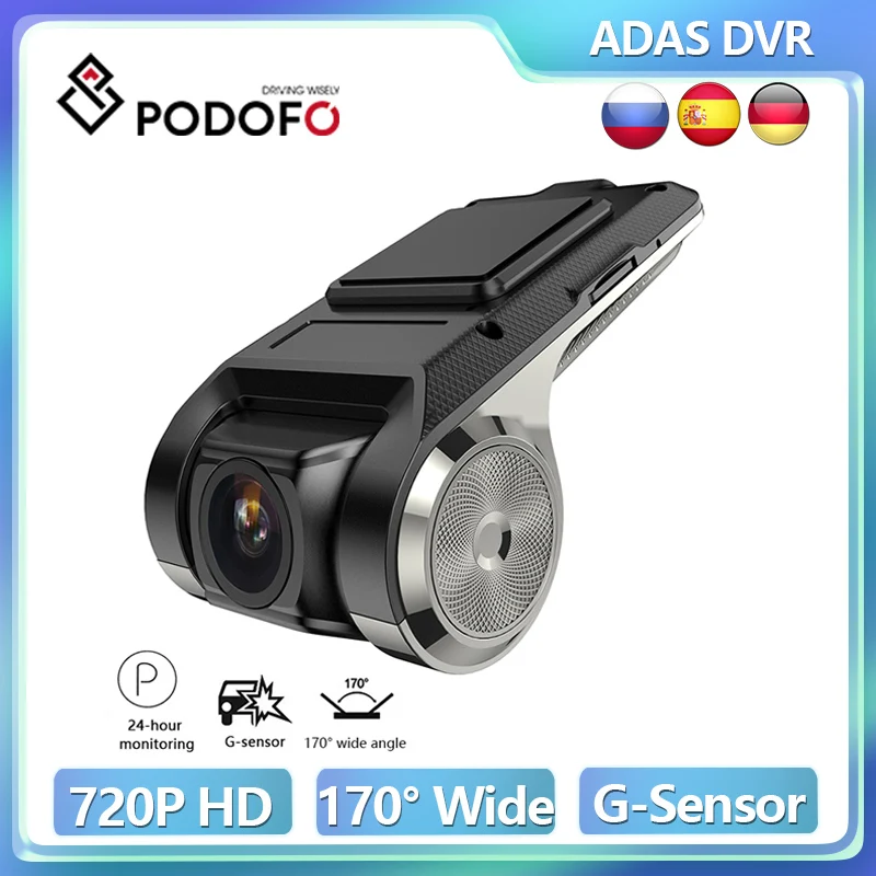 Podofo 720P Car ADAS DVR For Android Multimedia Player DVR Recorder Dash Cam G-Sensor Loop Recording Night Vision 170° TF Card