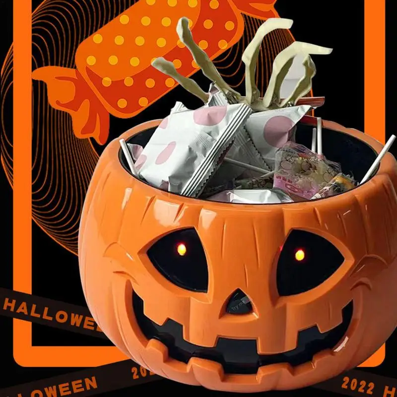 Pumpkin Candy Dish Pumpkin Auto-sensing Halloween Bowl Large Capacity Candy Holder Horror Candy Dish With Skeleton Hand For