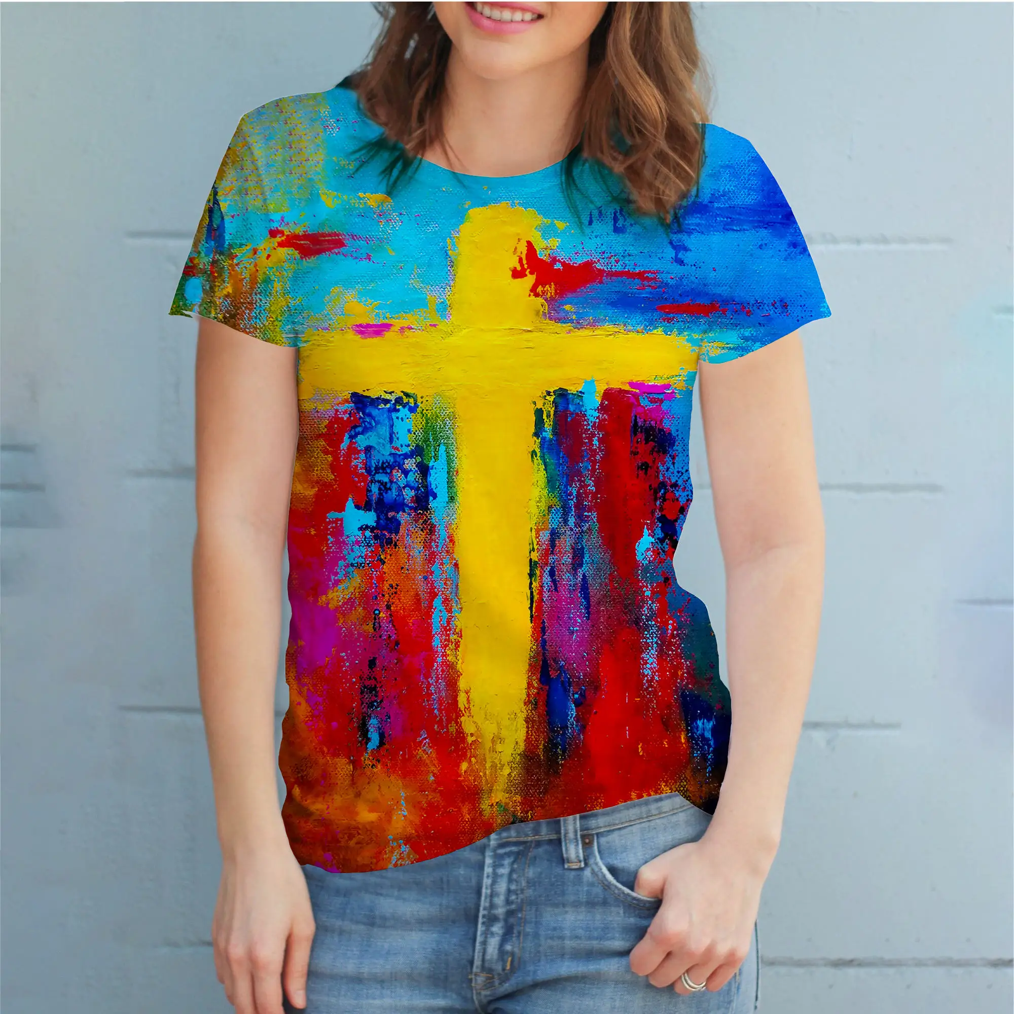 Y2k Vibrant and Vibrant Colored Christian Cross 3D Printed Tshirt Women Cute Casual Hip Hop Breathable Short-sleeved Girls T-shi