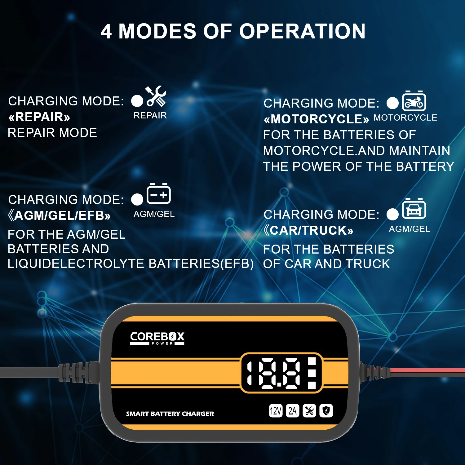 Lead Acid AGM Gel Charger with LCD Display Automatic Intelligent Car Motorcycle Battery Charger for Car/RV/ATV/Boat 12V 2A