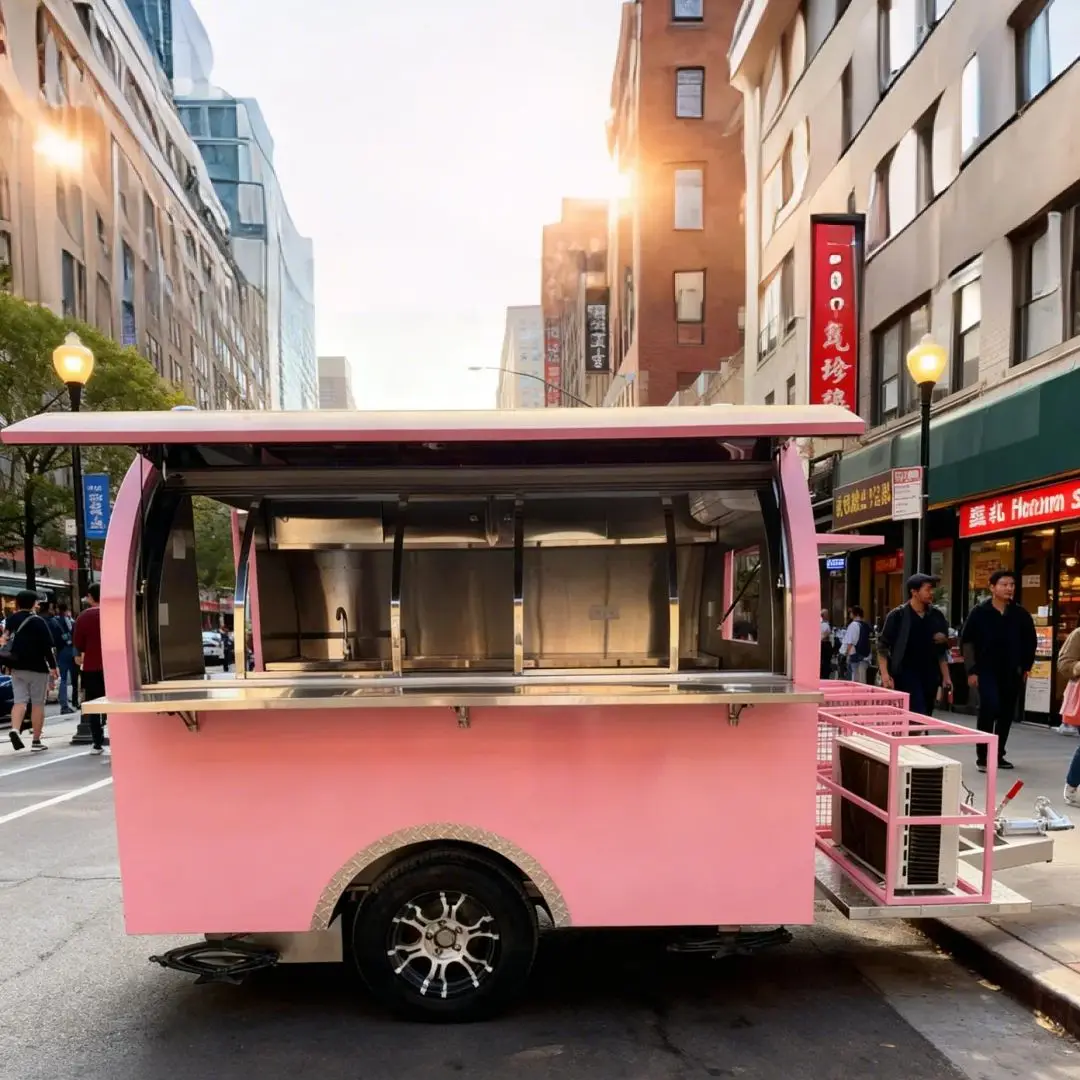 

Pink Outdoor Food Trailer Eye-Catching Cute Playful Design Mobile Kitchen Catering Truck