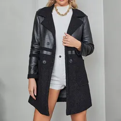 Plush Patchwork Leather Long Jacket Women'S Casual Lapel Button Down Thicken Coat Windbreaker Black Jacket Women'S Jacket