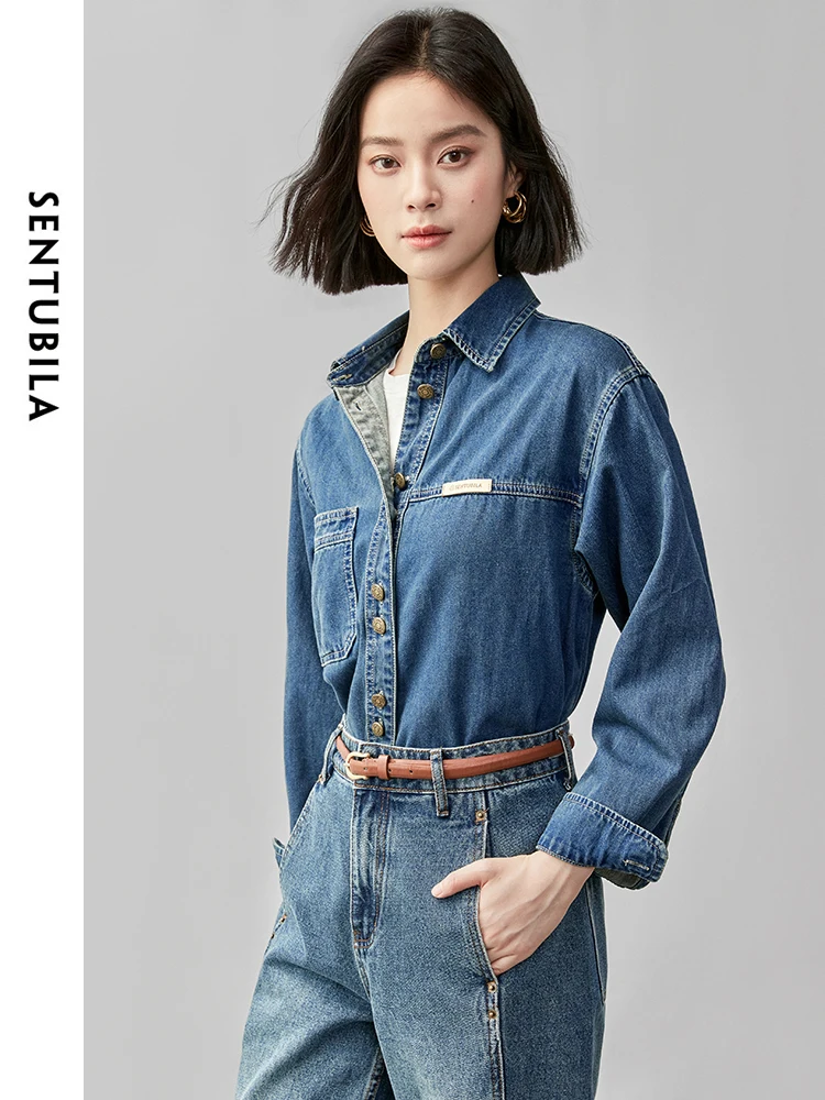 SENTUBILA 100% Cotton Washed Denim Jacket for Women 2024 Autumn Retro Loose Patchwork Pockets Leather Logo Coat W43C56148