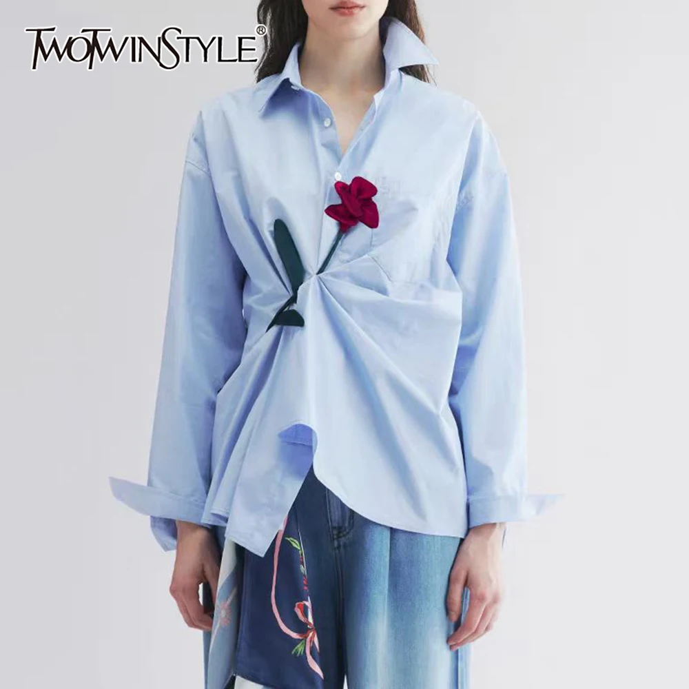 

TWOTWINSTYLE однотонная базовая рубашка с цветочным принтом, женская свободная рубашка с лацканами и длинными рукавами, офисные женские рубашки, осенняя мода, новинка