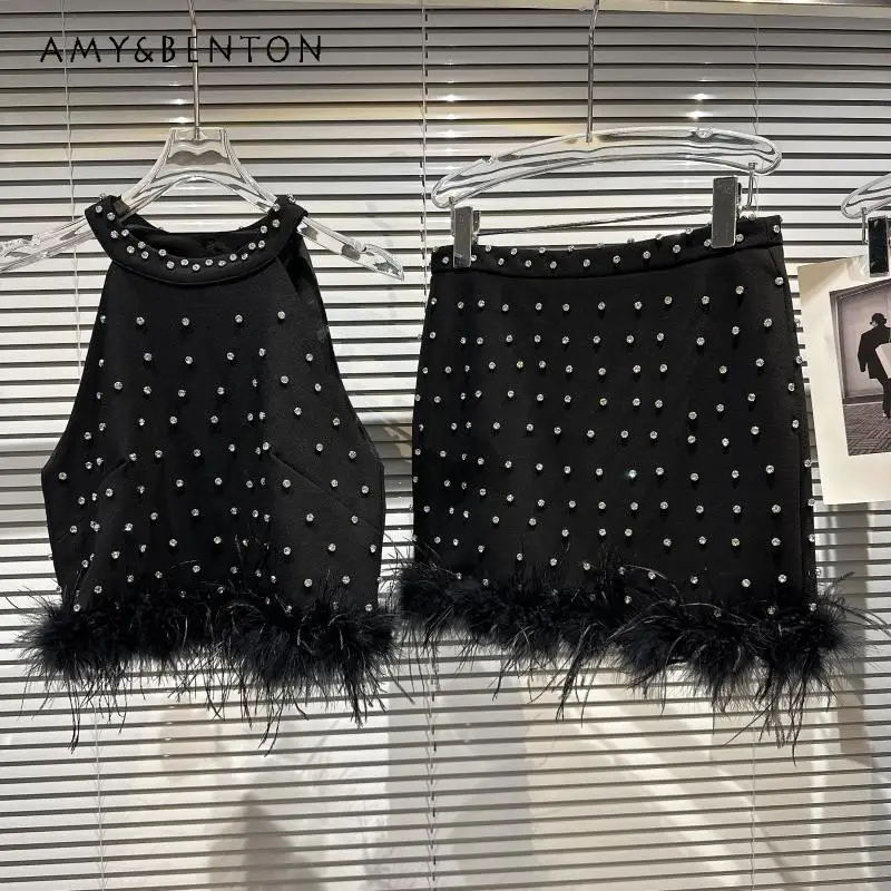 2025 Summer New Rhinestone Beaded Feather Fringe Halter Women's Sling Original Design Punk Bodycon Sexy Short Skirt Suits Ladies