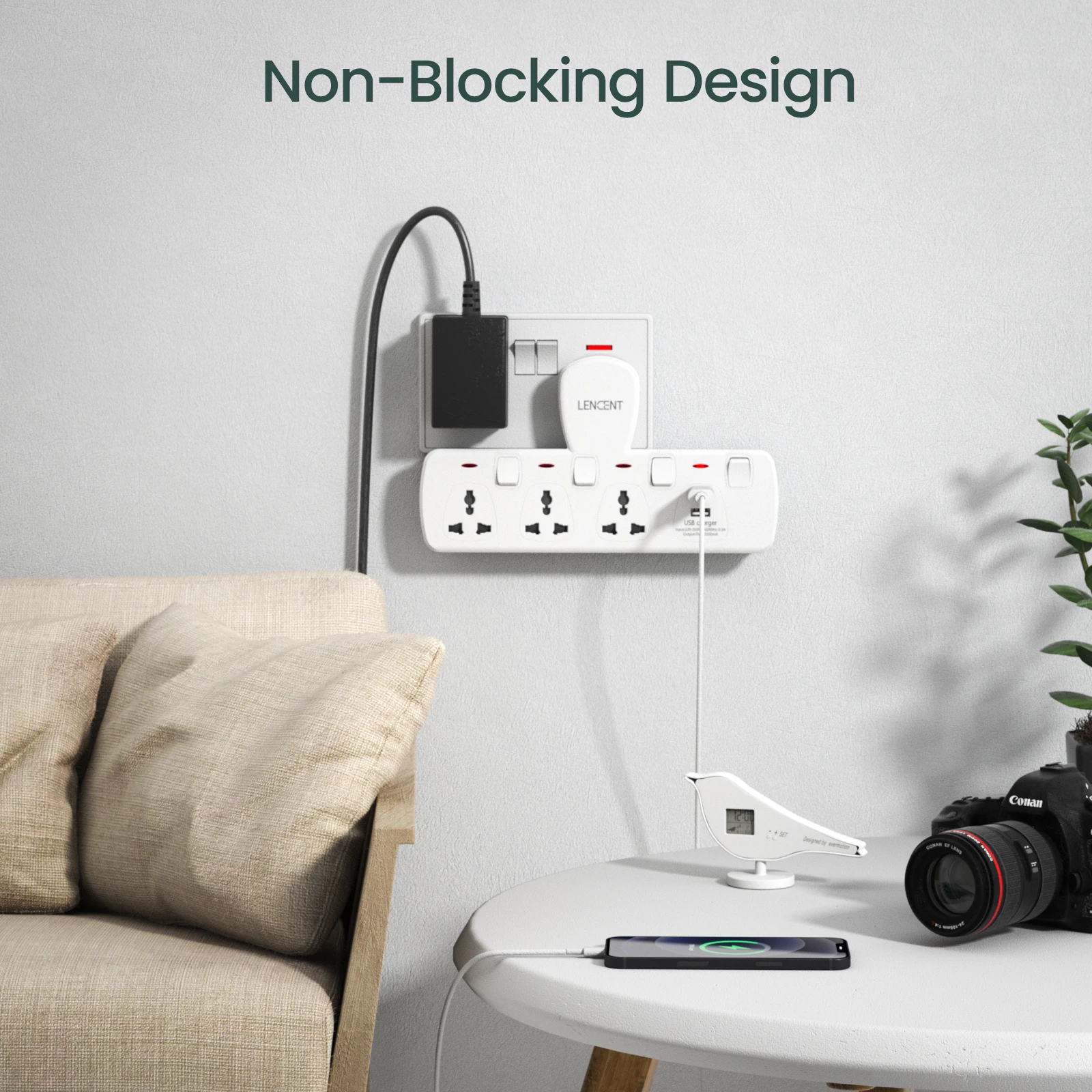 LENCENT Multi Plug Extension Socket with 3 AC Outlets 2 USB Ports Extension Universal Plug Adapter with Switch for Home Office