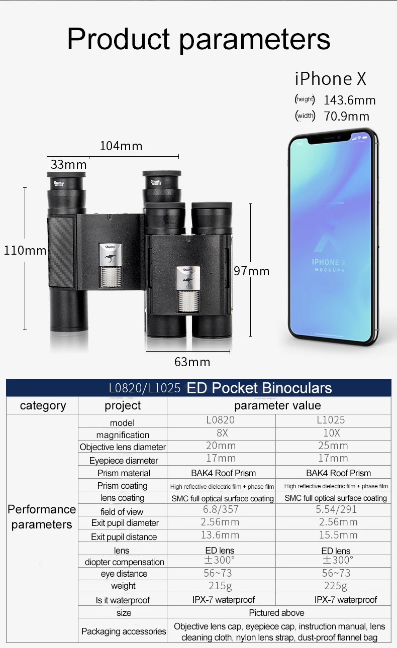 Shuntu 8x20 10x25 ED Binoculars Waterproof SMC Coating Eyepiece Bak4 Prism Optics Portable Folding Telescope For Camping Hunting