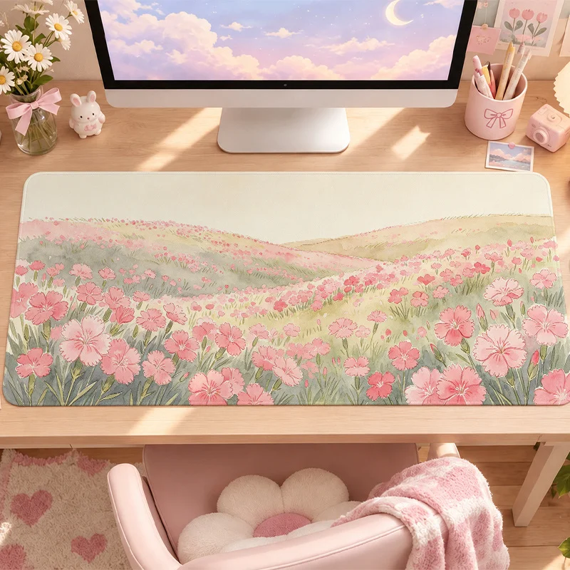 Wide and long pink petunia flower field scenery mouse pad, landscape floral table mat, feminine nature-inspired meadow art print
