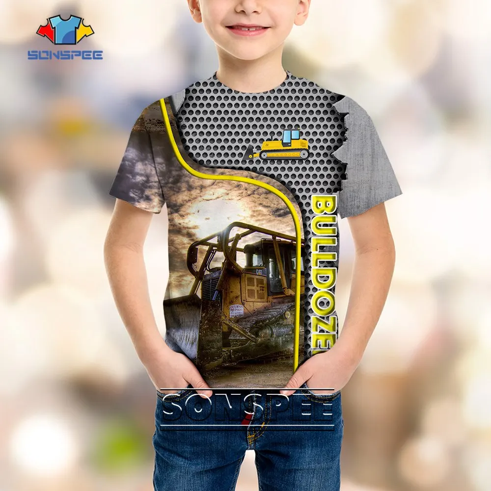 SONSPEE Bulldozer Graphic 3D Print Child T-shirt Car Tractor Fashion Casual Clothing Kids Tops Shirts Punk Harajuku Streetwear