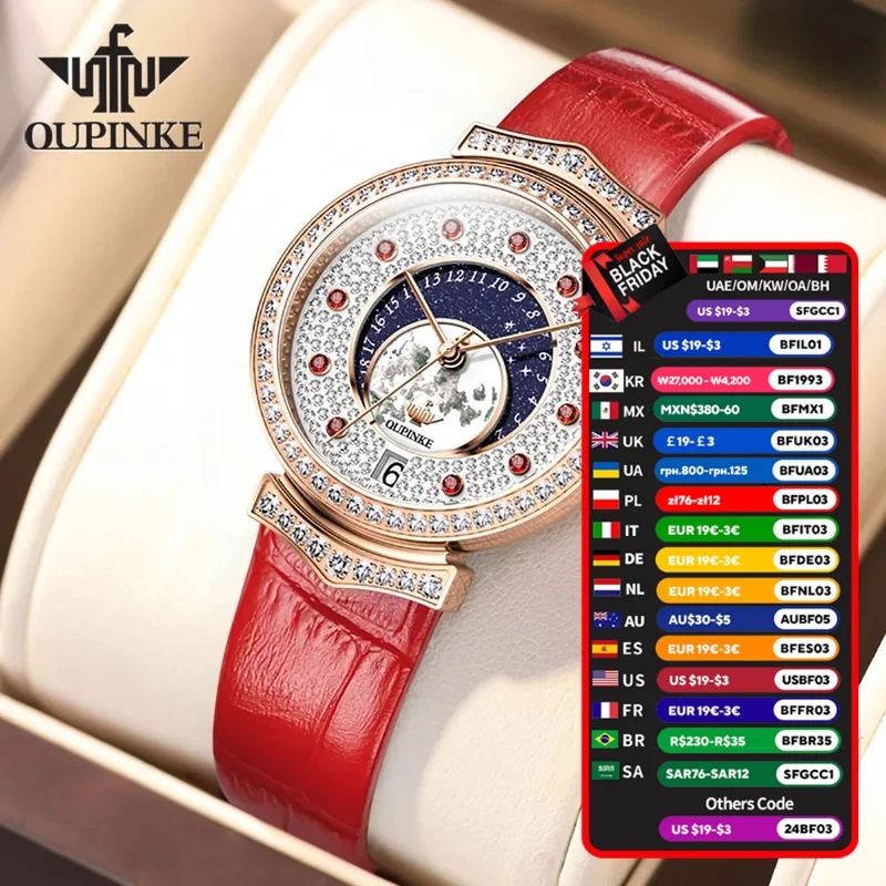 OUPINKE 3218 Luxury Red Leather Strap Diamond Womens Watches Quartz Wrist Watch For Women Waterproof Fashion Watch