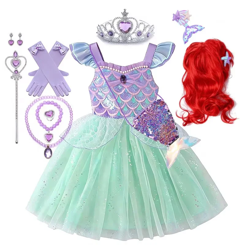 Girls Sequin Mermaid Themed Sling Mesh Dress Halloween Carnival Birthday Cosplay Princess Outfit