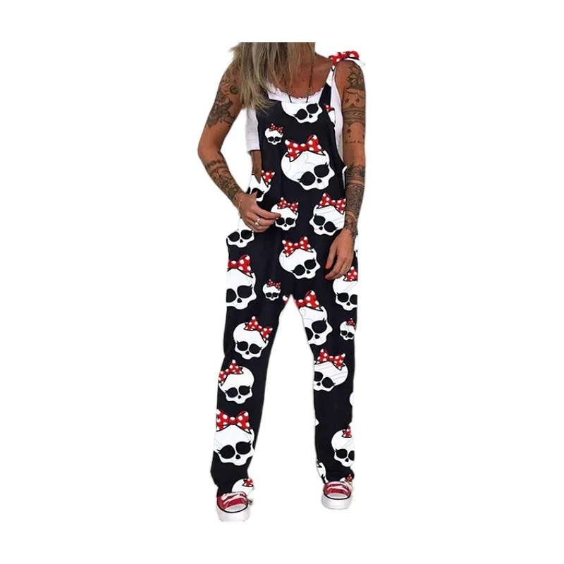 European  Fashion Gothic Skull Print Jumpsuits Plus Size 5xl Women Spaghetti Strap Trouser Sexy Pocket Design Overalls Bodysuit