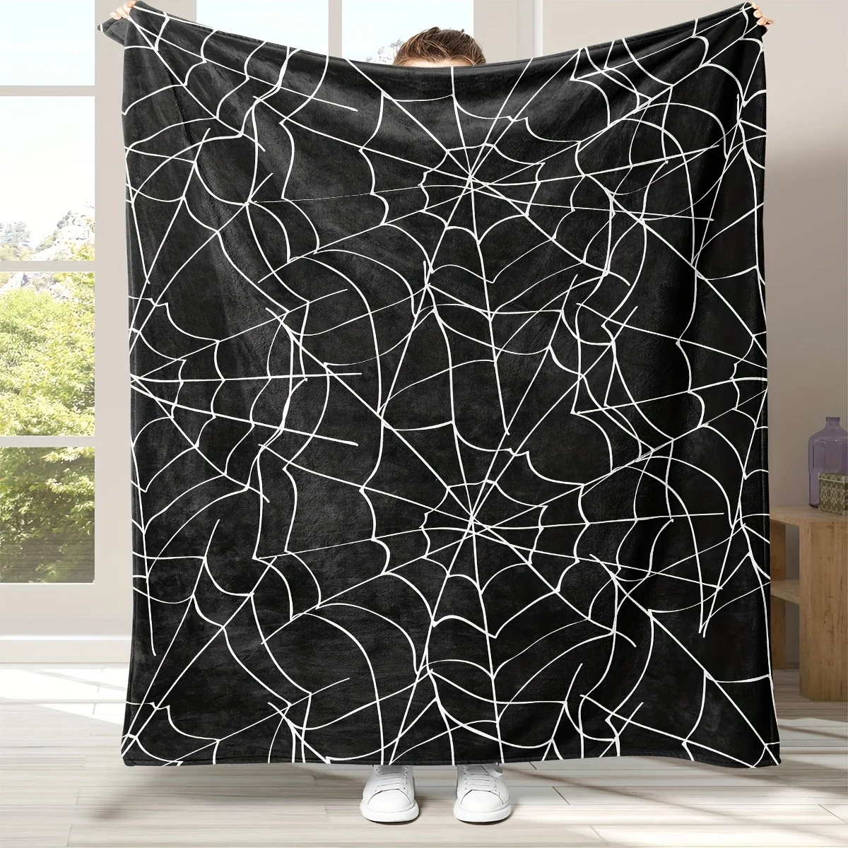 Flanelldecke, Spinnennetz-Muster, schwarz, weiß, Gothic, dekorativer Überwurf für Sofa, Couch, Schlafzimmer, Halloween-Atmosphäre, schafft