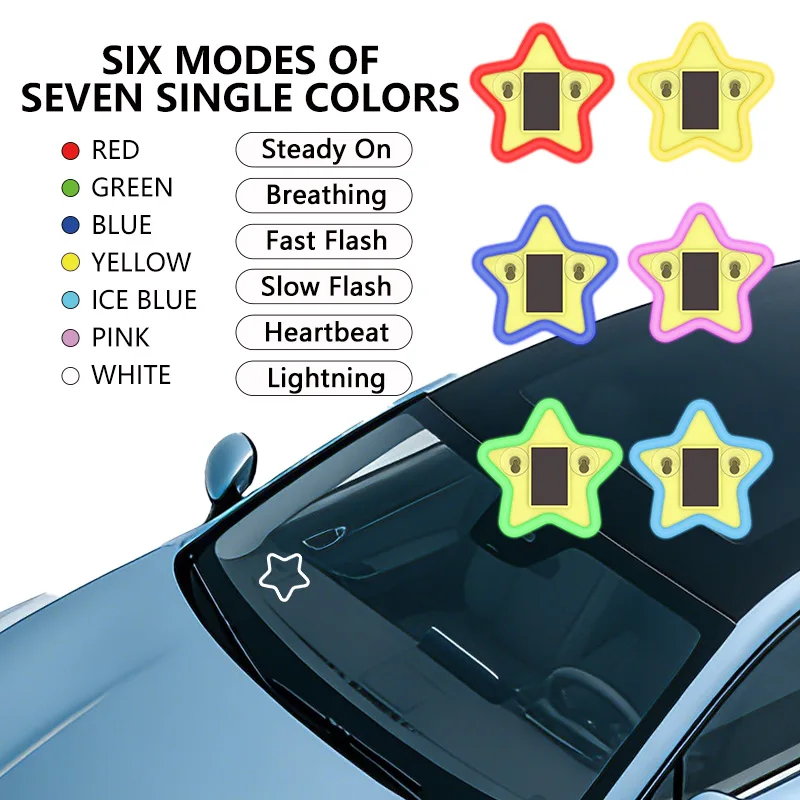 

2X RGB Car Star-shaped multi-color warning lights solar decorative LED triangle window rear window car wireless atmosphere light
