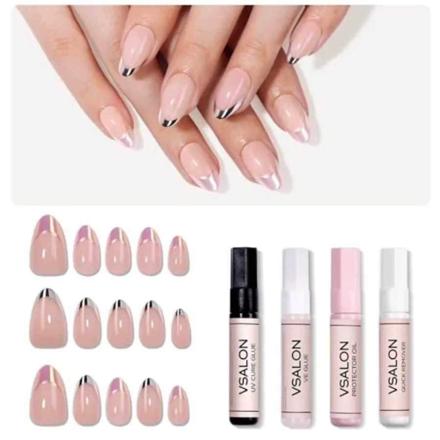 

PressOn Nails Короткие миндалевидные 42 шт. Набор накладных ногтей с металлическим французским кончиком для женщин с 32 основными ногтями в 16 размерах и 10 альтернатива