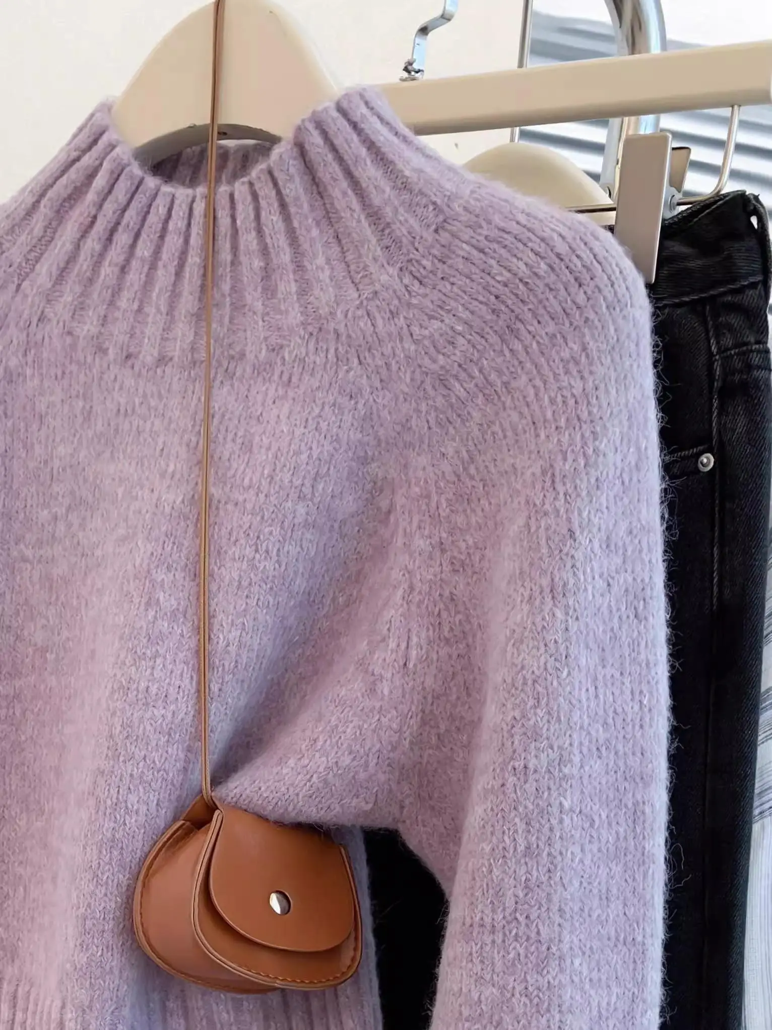 

Winter Thiened ort Knitted Sweater Women's Lazy European Sle Overhead Top Purple f High Collar Inner Wear Small Size