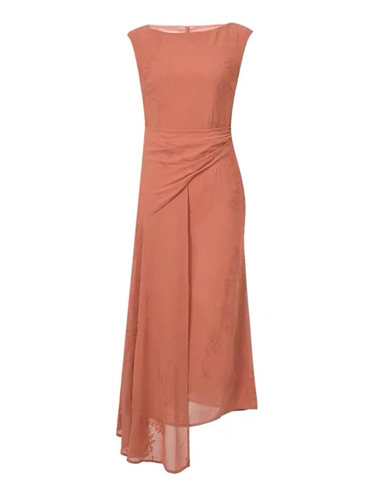Summer Casual Chiffon Embroidery O-Neck Asymmetrical Long Dress Women Clothes Elegant Orange Sleeveless Slim Robe Party Vestidos
