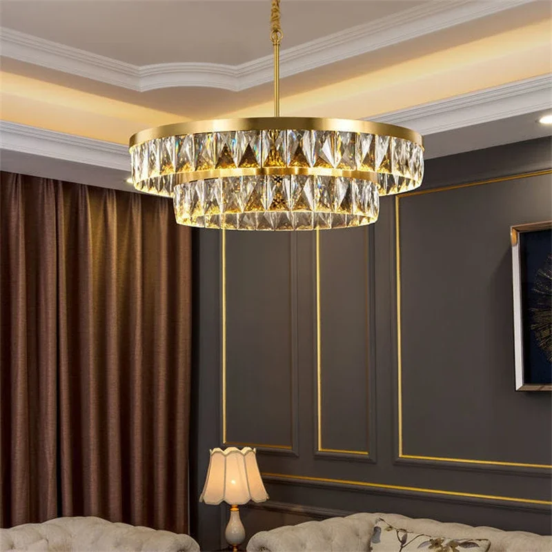 Modern Copper Living room Chandelier Round Crystal Multi-layer Retro Light Luxury Restaurant Lamp Bedroom New LED Chandelier