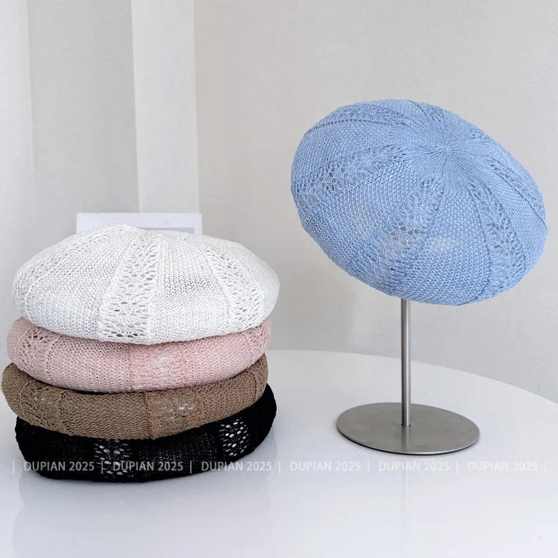 Japanese Vintage Light Breathable Linen Beret Women Summer Hollow Crochet Painter Hat Fashion All-match Pumpkin Hat