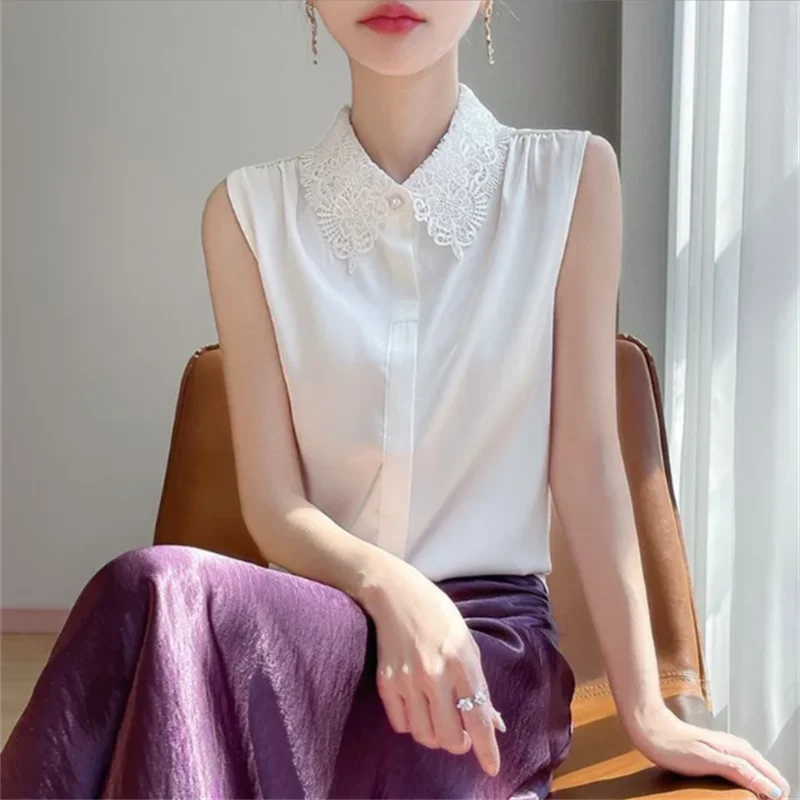 

Элегантная кружевная рубашка, женская рубашка без рукавов, весенне-летний жилет, блузка, шелковая майка, однотонная рубашка
