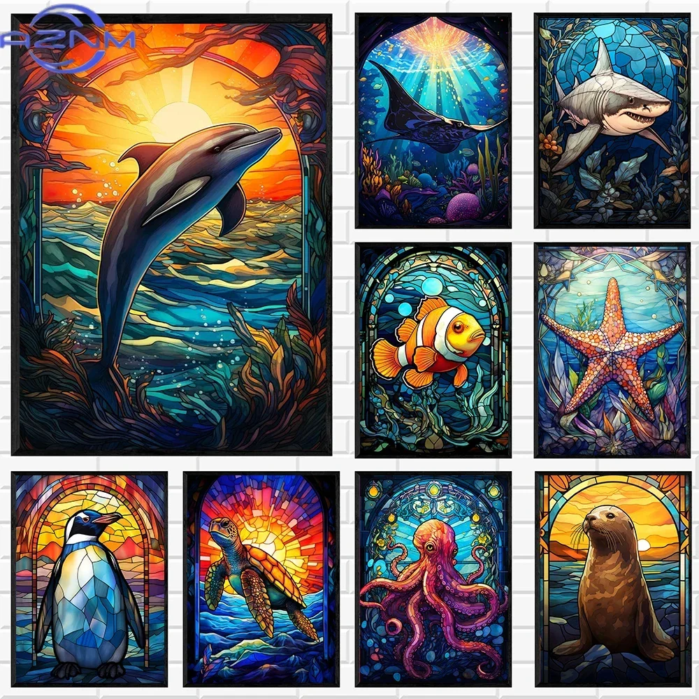 Colorful Sea Life Stained Glass Wall Art  Clownfish Sea Turtle Octopus Whale Canvas Posters  Abstract Animal Pictures for Hom