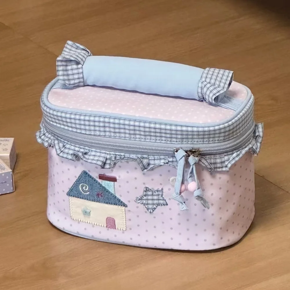 Kawaii Ruffle Striped Makeup Bag Sweet Star Wing Applique Cosmetic Case Portable Handheld Travel Skincare Storage Organizer
