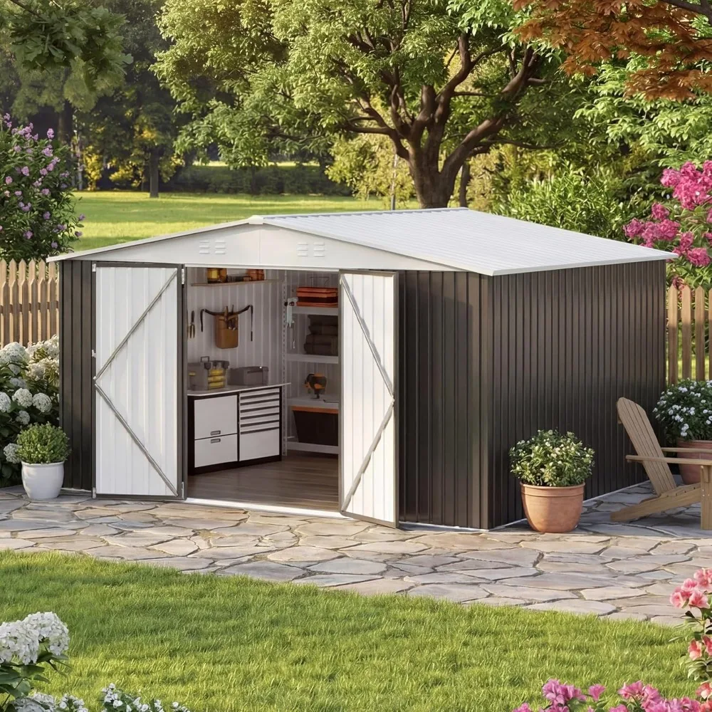 

12x14 FT Storage Shed,Garden Shed with Updated Frame Structure and Lockable Doors, Metal Tool Sheds for Backyard, Customized