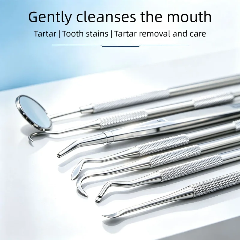 9Pcs Stainless Steel Dental Tools Kit, Home Tartar Remover, Oral Mirror, Probe, Tongue Scraper, Teeth Cleaning Oral Care Set