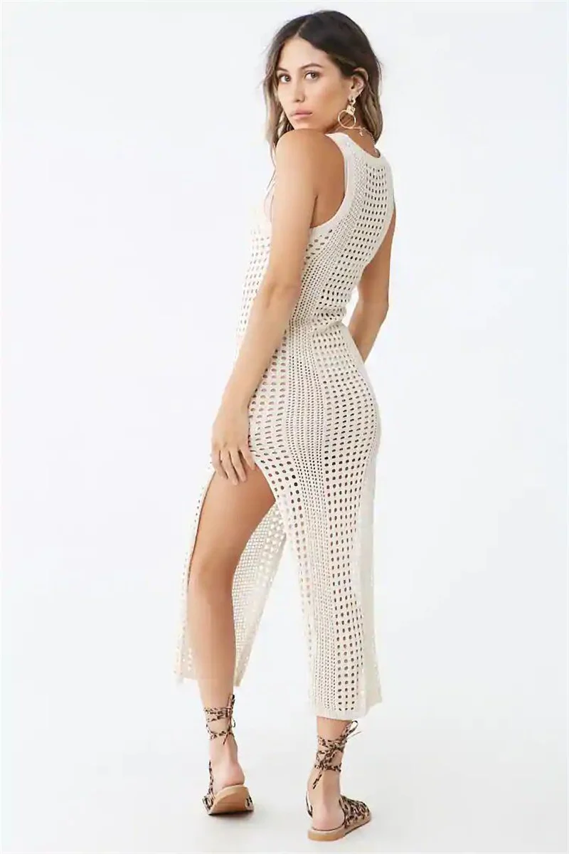 Women's Sexy Sleeveless High Slit Long Knit Dress Beach Crochet Bikini Cover-Up Summer Hollow out Swimsuit Robe