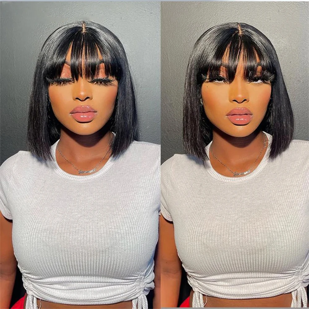 Natural Scalp Short Bob Lace Scalp Wig With Bangs Human Hair For Women Bone Straight Bob Wig With Bang Remy Hair 180 % Density