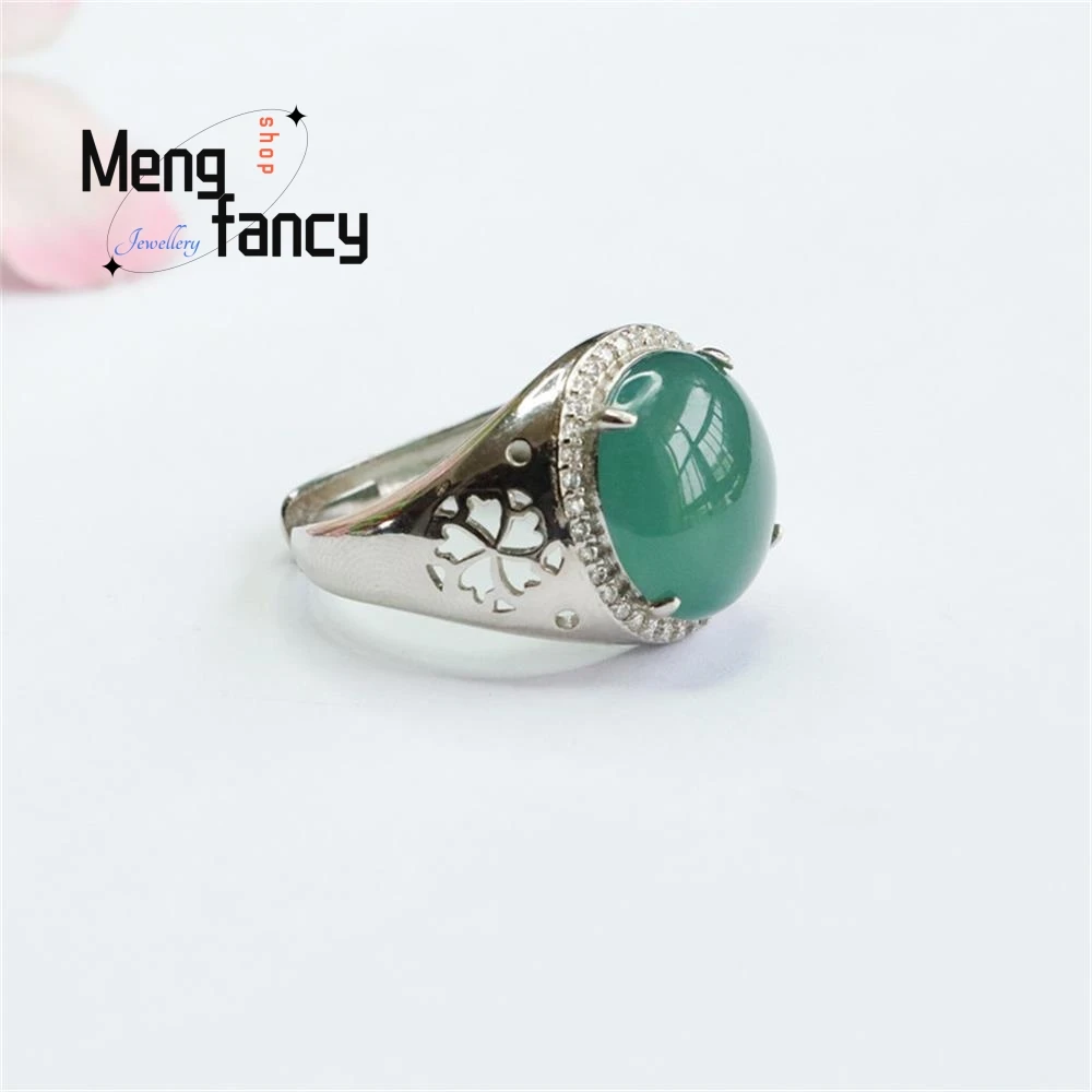 S925 Silver Inlaid Natural Jadeite Ice Blue Water Pigeon Egg Ring Exquisite Elegant High-grade Couple Luxury Fashion Jewelry