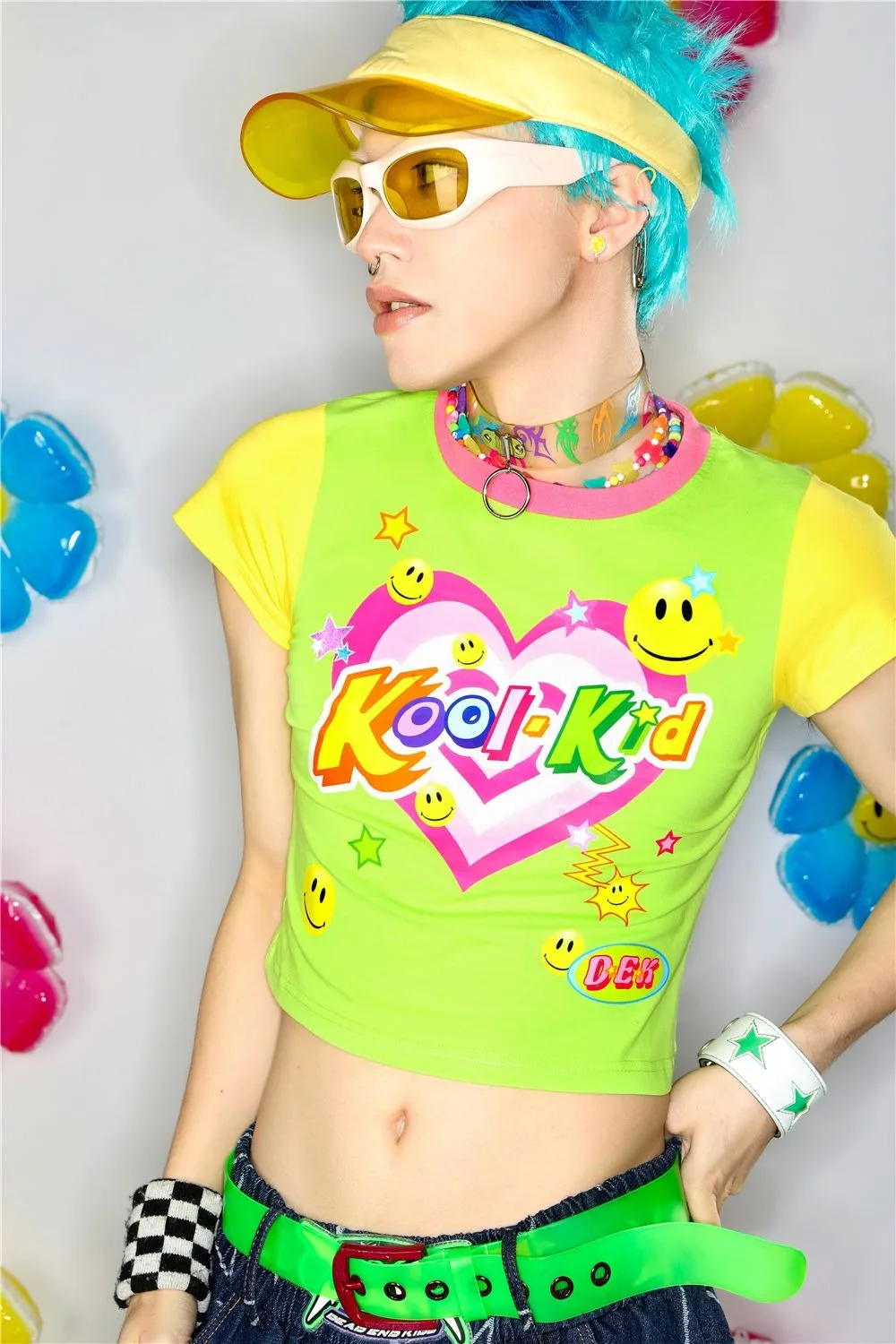 Women Tees Pulovers Love Heart American Retro Millennium Girls 2024 Summer Kawaii Y2K Colorful Short Sleeve T-shirt Green Top