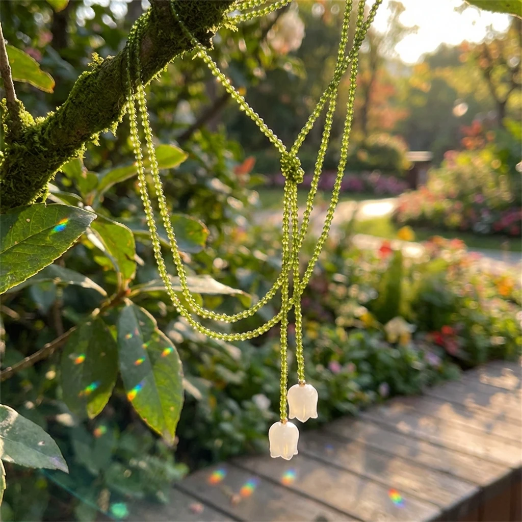 Romantische Fairycore-Halskette mit grünen Kristallperlen für Damen, weiße Lilien-Anhänger, vielseitige Choker-Accessoires, Schmuck, Geschenk – Detail 6