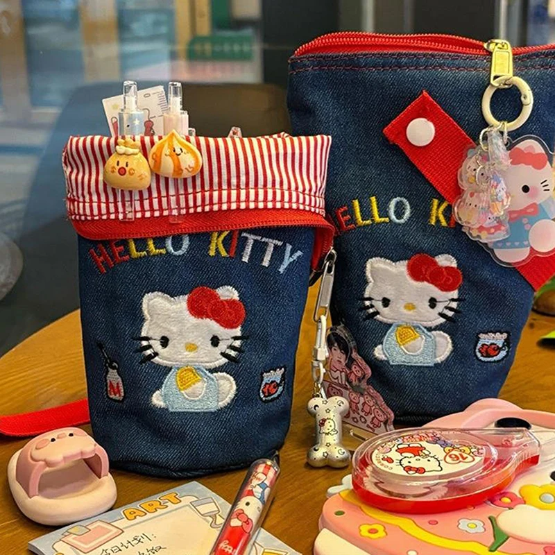 Cute Hello Kitty Pencil Case Portable Cosmetic Bags Large Capacity Storage Bags KT Cat Bucket Tote Bags Student Stationery Gifts