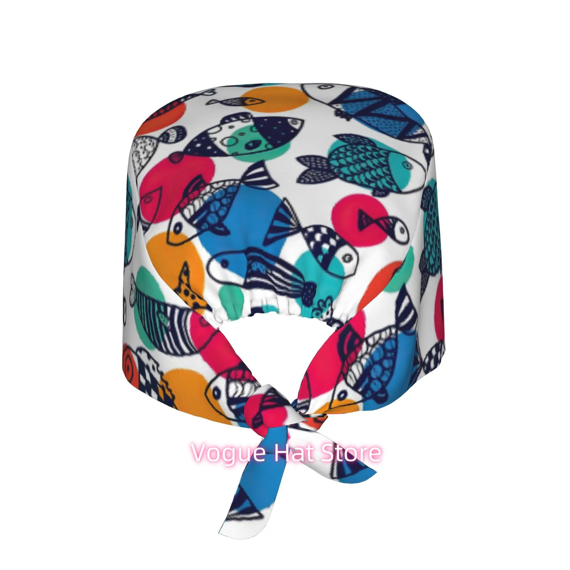 1pc Unisex Hygienic Work Cap with Color-Coded Fish Print Circles - Adjustable Lace-Up Lightweight for Nurses & Chefs, Scrubs & P