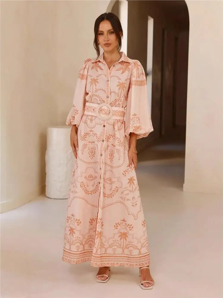 Casual Style Loose Fit Long Dress with Belt Waist Cinching Bubble Sleeve Linen Material mid Year Women's Fashion A-Line Skirt