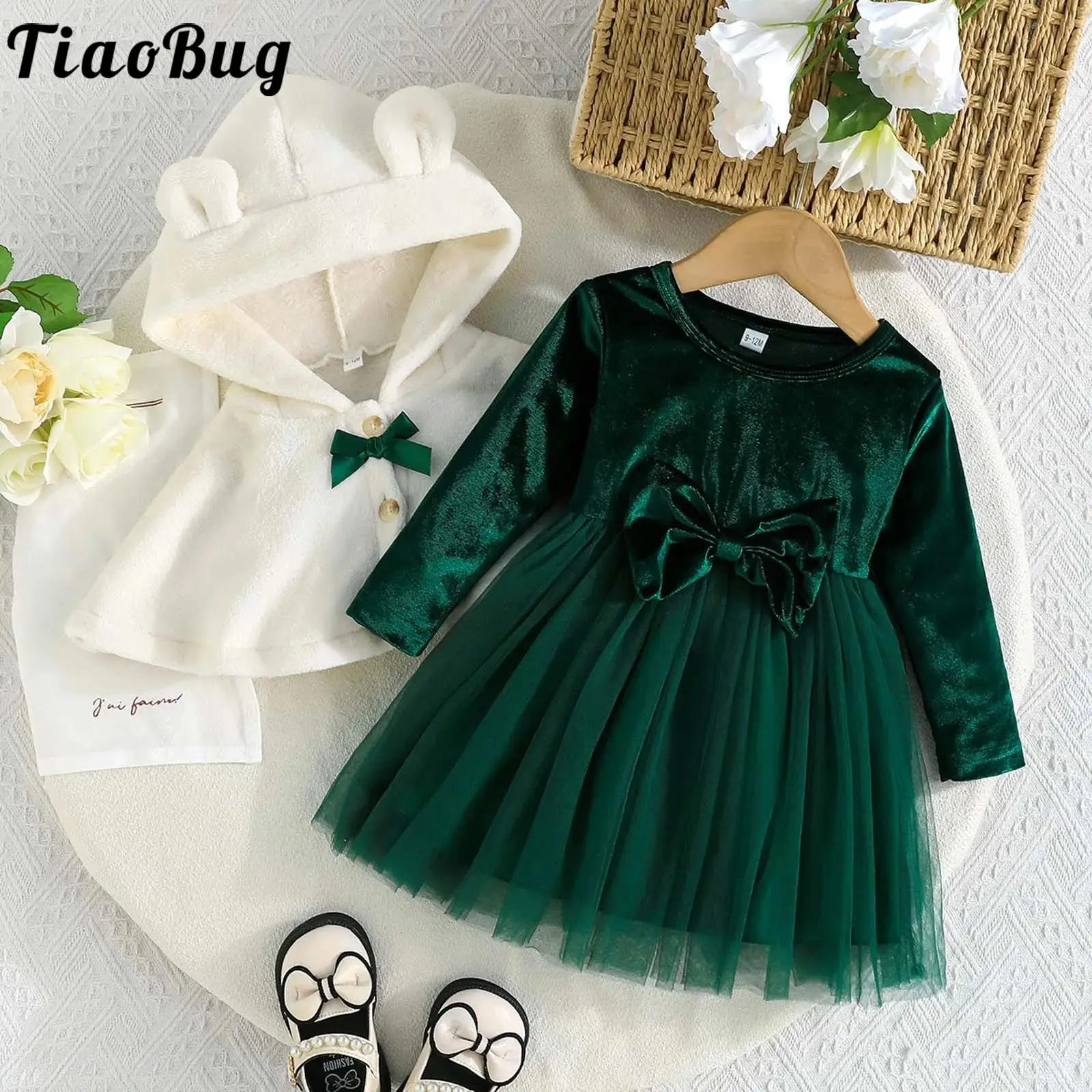 

Рождественское платье для маленьких девочек, зимний теплый флисовый плащ с капюшоном и бантом, бархатные тюлевые платья для свадебной вечеринки, фотосессий