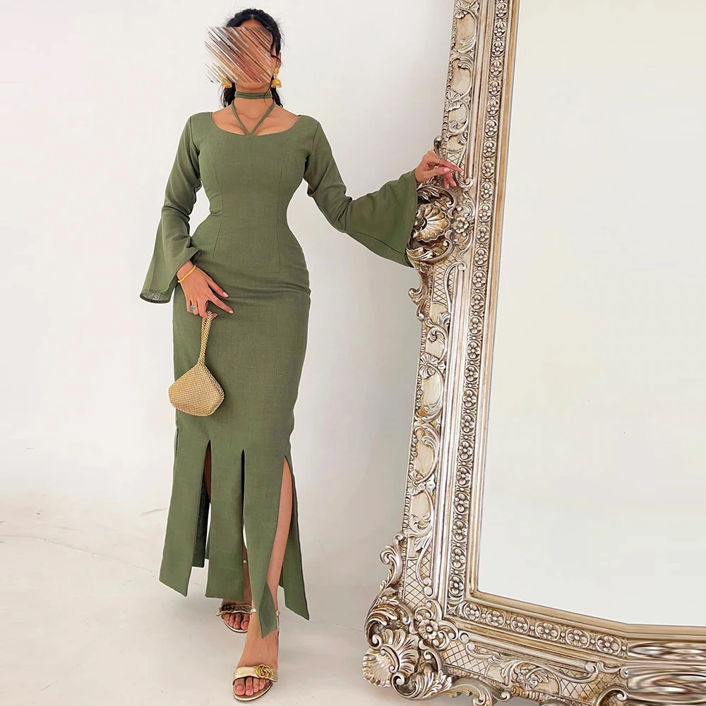 

Simple Green Pleats Jersey Evening Dresses for formal occasions Long Sleeves Halter Ankle Length Sheath side slit Party Gowns