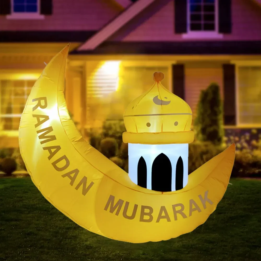 Inflatable Ramadan Eid Mubarak Moon Decoration Blow up Islamic Eid Muslim Holy Celebration Outdoor Yard Decor with LED Lights