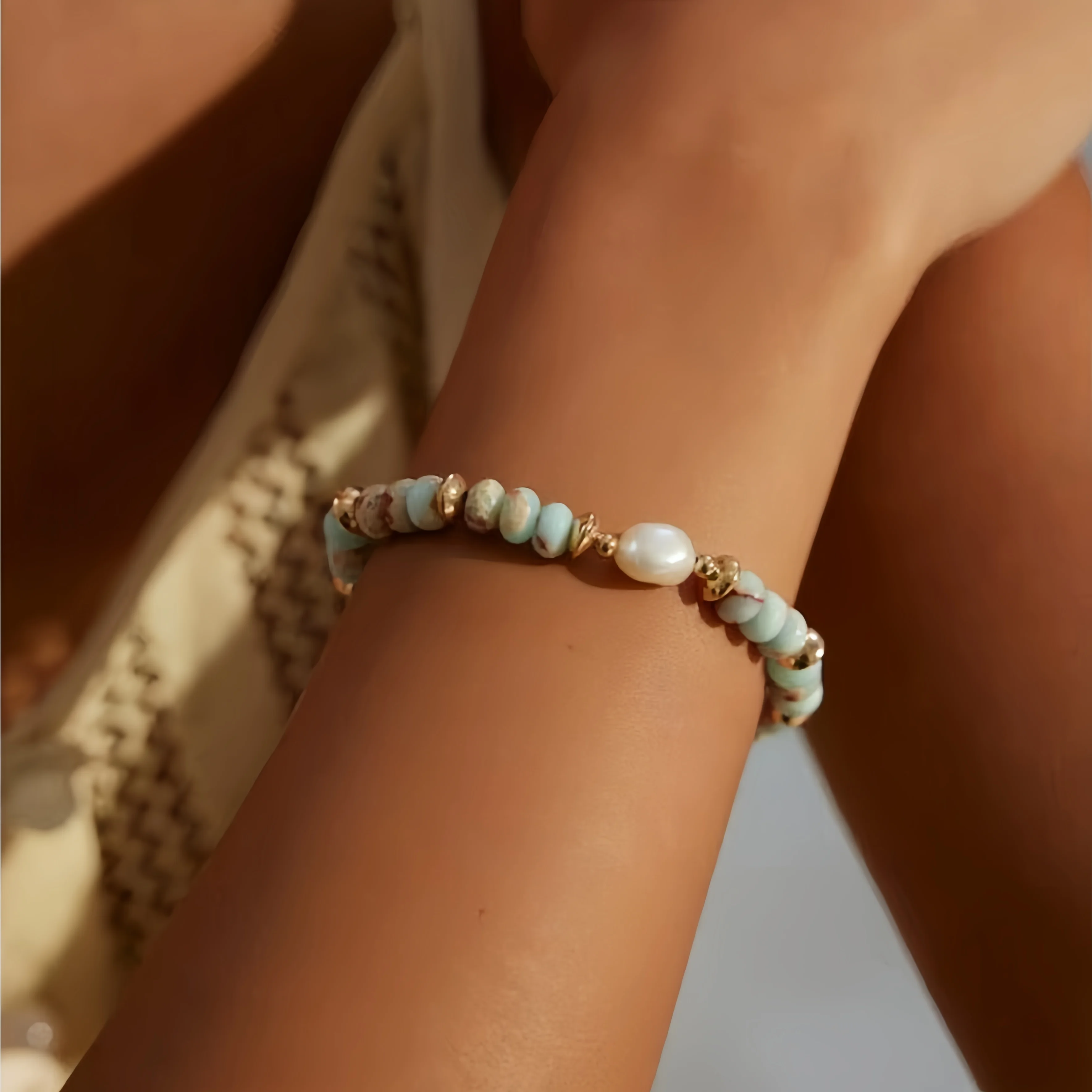 GEEZENCA 925 Silver Pearl Blue Stone Spaced Beads Strand Bracelet For Women Handmade 18K Gold Multi Color Chic Beaded Bracelets
