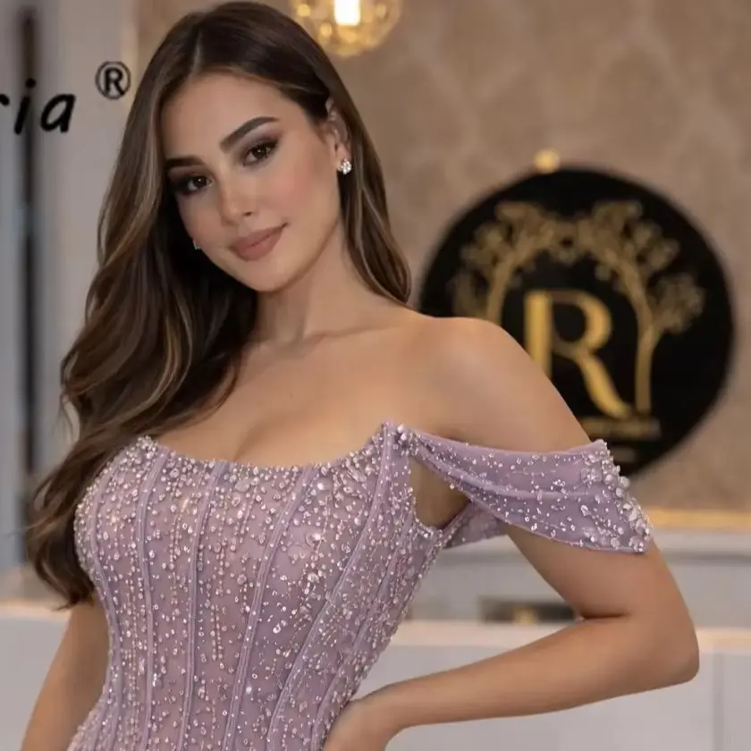 Dubai Luxury Lavender Mermaid Evening Gown Handmade Crystal 3D Flower Birthday Wedding Party Dress bodycon Formal Dress Gala