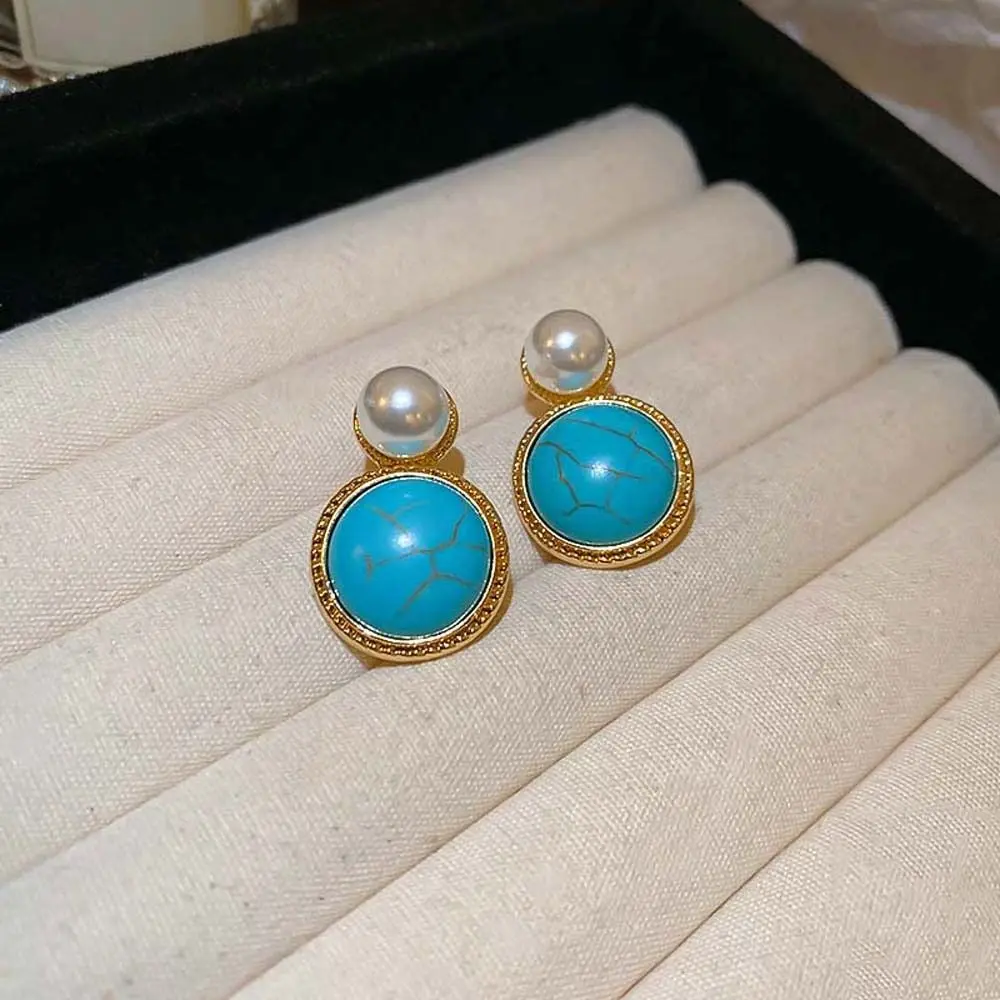 Round Pearl Turquoise Western Country Earrings Jewelry accessories Fashion Ornament Pearl Turquoise Earrings Round Streetwear