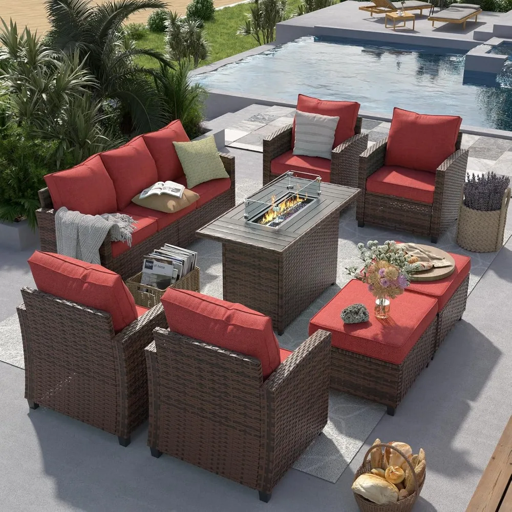 

Patio Furniture Set with Fire Pit Table, 8 Pieces Outdoor Sectional Conversation Sets, All-Weather Wicker Rattan Sofa Ottoman