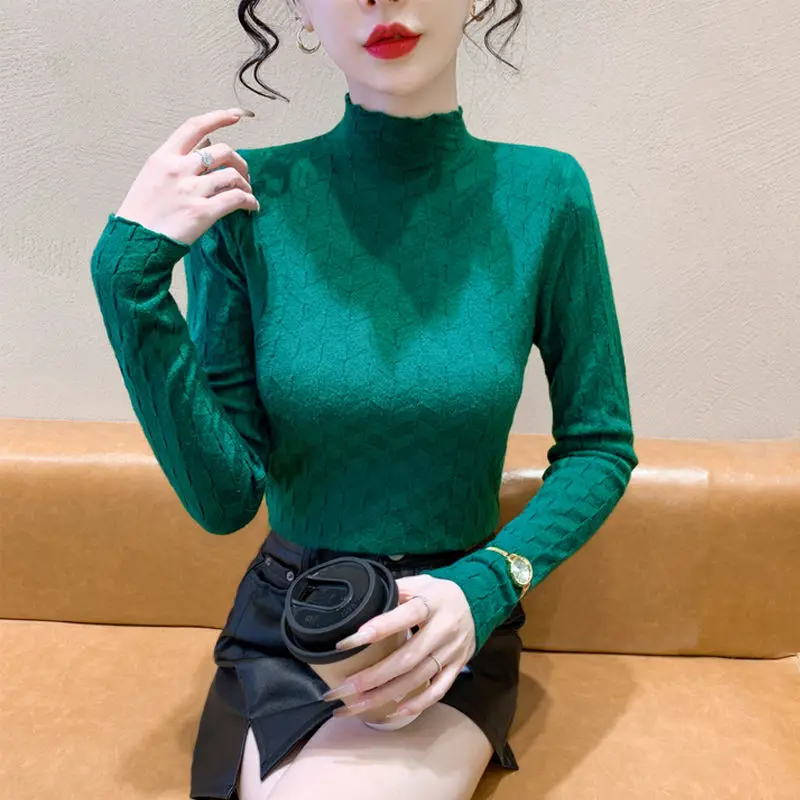 2024 New High quality Half Turtleneck Sweater Women's Pullover Spring Long Sleeved Solid Knitted Autumn Fashion Sweater