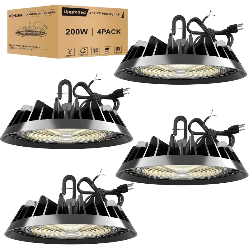 High Bay Light 200W 4 عبوات، 32,000LM (160LM/W) 1-10V قابل للتعتيم، كابل 5 بوصات مع قابس، خطاف تعليق، حبل آمن، مدرج ETL f