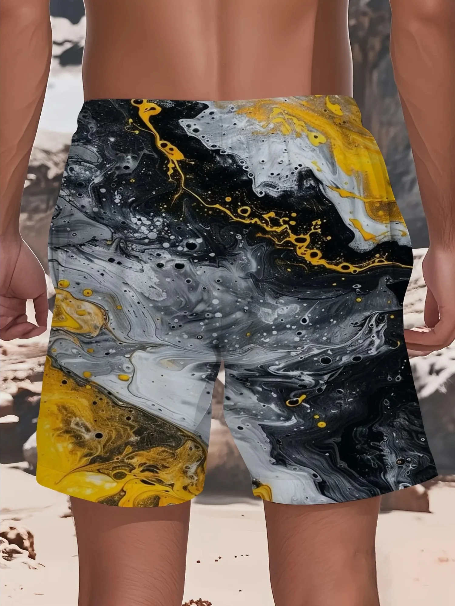 Men's Summer Quick Dry Beach Shorts, Black Yellow Grey Abstract Marble Fluid Print Drawstring Casual Board Shorts with Pockets