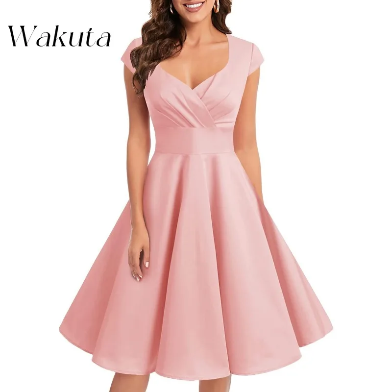 Wakuta-Robe de Soirée pour Demoiselle d'Honneur, Fourreau Élégant, Manches Courtes, Couleur Unie, Taille Simple, Slim, Plissée, Ligne A, Banquet, Éducatif