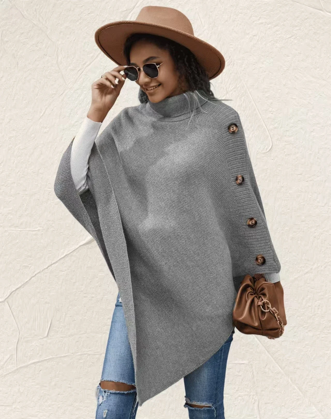 

2025 Autumn Winter Shawl Cloak Sweater Solid Color Turtleneck Oversized Cape Coat Female Ponchos Pullover Knitted Bat Sleeve Top