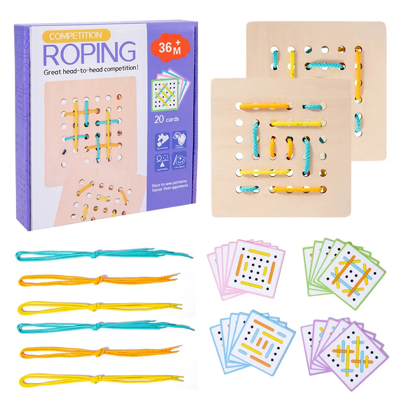 몬테소리 나무 로프 보드 조작 재료 배열 블록 - 20Pcs 카드 및 6Pcs 로프가 포함된 그래픽 교육 장난감
