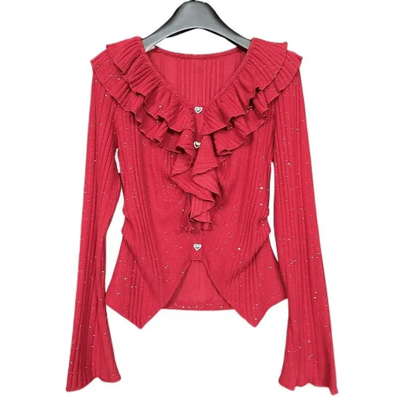 French Lotus Leaf Design Slim Long Sleeves Versatile 2025 Autumn Slim New Top Slit Slim Base Shirt for Women